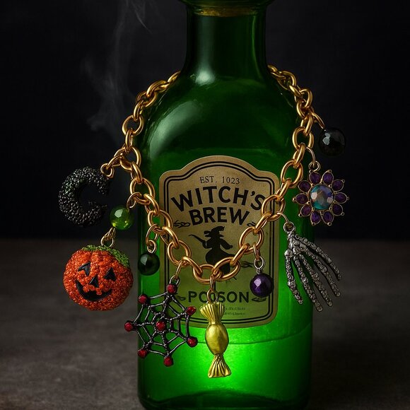 🎃 Betsey Johnson Halloween Charm Bracelet Pumpkin Spider Skeleton Hand 8.5" - Picture 2 of 7